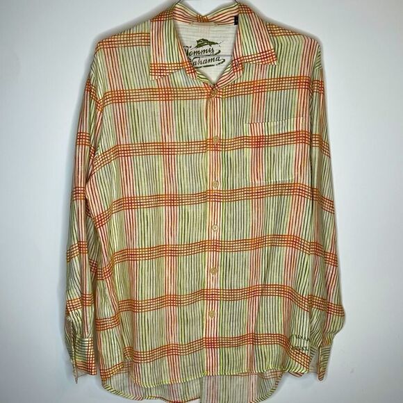 Large Tommy Bahama Orange Green Striped 100% Linen LS Shirt - Picture 5 of 5